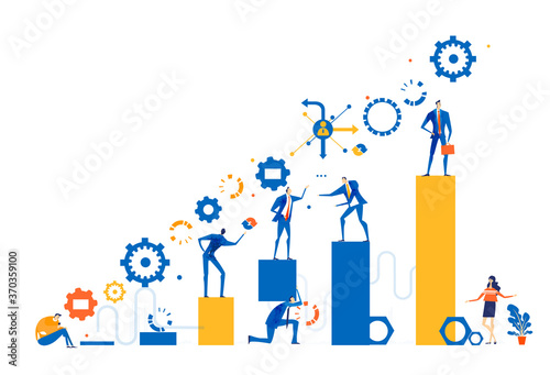 Business people standing at the growth charts, helping each other to make a progress together. 