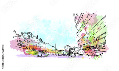 Building view with landmark of Almada is a city and a municipality in Portugal. Watercolor splash with hand drawn sketch illustration in vector.