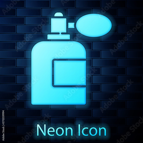 Glowing neon Aftershave bottle with atomizer icon isolated on brick wall background. Cologne spray icon. Male perfume bottle. Vector Illustration.