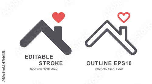 Home roof and red heart above the chimney logo. House icon with love symbol for charity and care conceptual design. Real estate and cottage realty abstract background sign with sample text. SET1