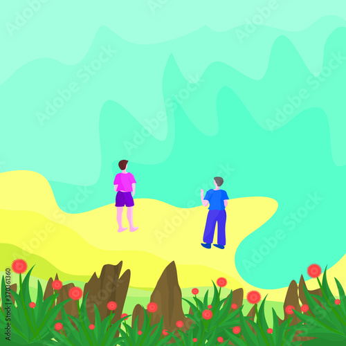 happy family walking in the meadow and social distancing for protection Coronavirus background texture wallpaper pattern vector illustration graphic design 