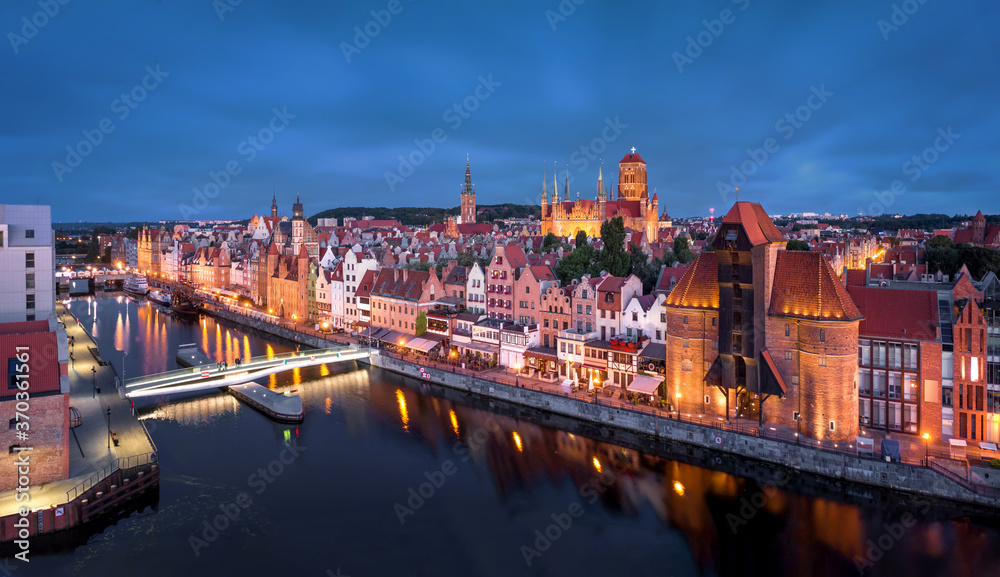 Gdansk, Poland. Panoramic aerial view of Motlawa river embankment in Old Town at dusk