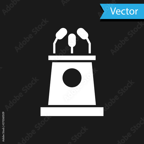 White Stage stand or debate podium rostrum icon isolated on black background. Conference speech tribune. Vector Illustration.