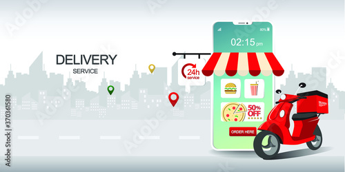 Online Delivery service with 24 hour concept, perspective motorcycle and mobile phone. Online food application design. 