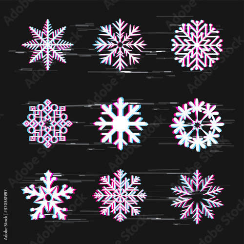 glitch snowflake icon set dark background