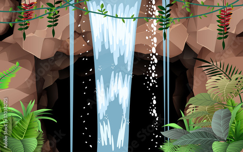 landscape of waterfall on the cave in the jungle