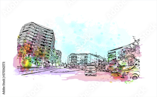 Building view with landmark of Almada is a city and a municipality in Portugal. Watercolor splash with hand drawn sketch illustration in vector.