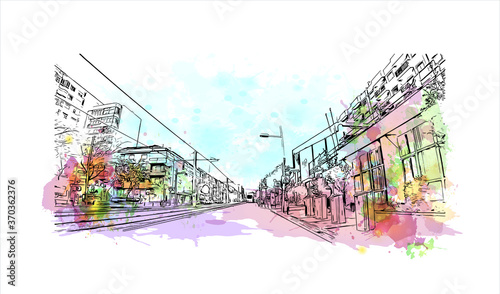 Building view with landmark of Almada is a city and a municipality in Portugal. Watercolor splash with hand drawn sketch illustration in vector.