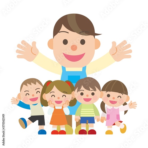 にぎやかな子供達とエプロン姿の男性