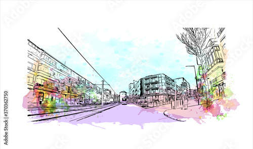 Building view with landmark of Almada is a city and a municipality in Portugal. Watercolor splash with hand drawn sketch illustration in vector.