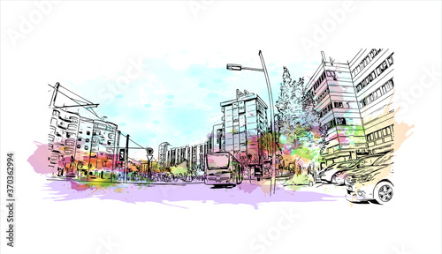 Building view with landmark of Almada is a city and a municipality in Portugal. Watercolor splash with hand drawn sketch illustration in vector.
