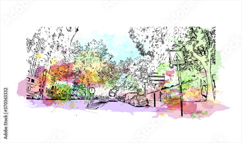 Building view with landmark of Almada is a city and a municipality in Portugal. Watercolor splash with hand drawn sketch illustration in vector.