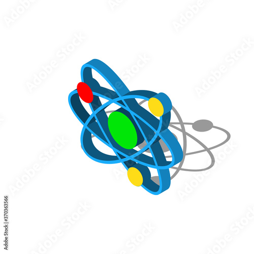 Isometric Atom icon isolated on white background. Symbol of science, education, nuclear physics, scientific research. Orange circle button. Vector Illustration EPS