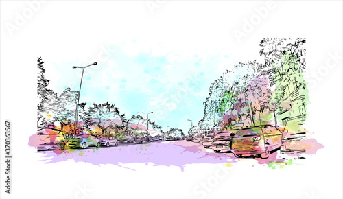Building view with landmark of Almada is a city and a municipality in Portugal. Watercolor splash with hand drawn sketch illustration in vector.