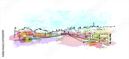 Building view with landmark of Almada is a city and a municipality in Portugal. Watercolor splash with hand drawn sketch illustration in vector.