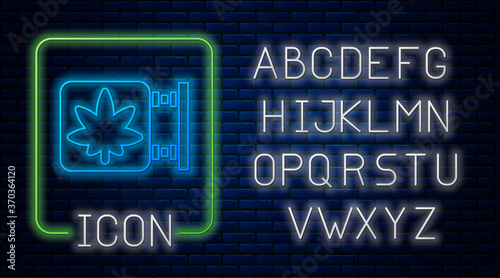 Glowing neon Marijuana and cannabis store icon isolated on brick wall background. Equipment and accessories for smoking, storing medical cannabis. Neon light alphabet. Vector Illustration.