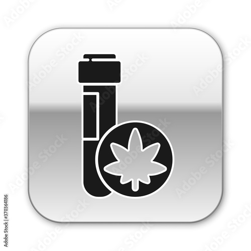 Black Chemical test tube with marijuana or cannabis leaf icon isolated on white background. Research concept. Laboratory CBD oil. Silver square button. Vector Illustration.