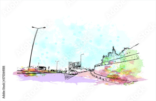 Building view with landmark of Almada is a city and a municipality in Portugal. Watercolor splash with hand drawn sketch illustration in vector.