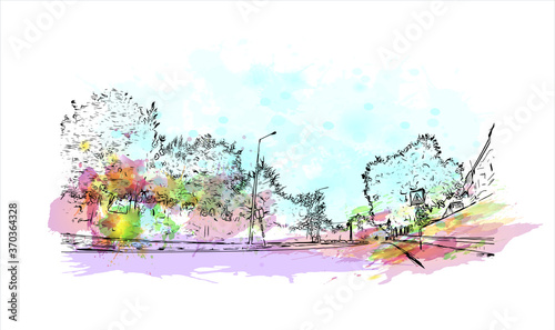 Building view with landmark of Almada is a city and a municipality in Portugal. Watercolor splash with hand drawn sketch illustration in vector.