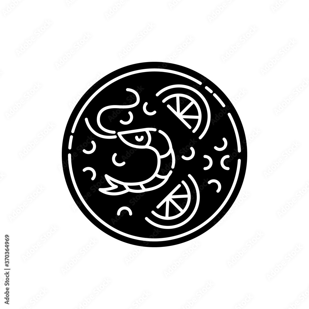 Paella black glyph icon. Spanish rice dish with seafood. Hot meal with fresh shrimp. Shellfish ingredient in restaurant dinner. Silhouette symbol on white space. Vector isolated illustration Paella black glyph icon. Spanish rice dish with seafood. Hot meal with fresh shrimp. Shellfish ingredient in restaurant dinner. Silhouette symbol on white space. Vector isolated illustration