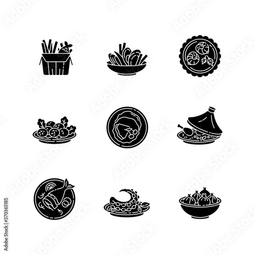 Restaurant dishes black glyph icons set on white space. Fish and chips. Moules frites. Falafel dish. French crepe. Soused herring. Asian seafood. Silhouette symbols. Vector isolated illustration
