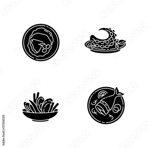 National dish black glyph icons set on white space. French crepes. Thin pancakes. Mussels and chips. Octopus dish. Moules frites. Portuguese polvo. Silhouette symbols. Vector isolated illustration