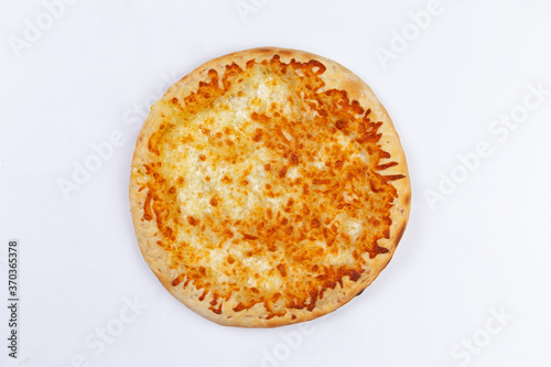 Traditional homemade pizza on white background. view from above