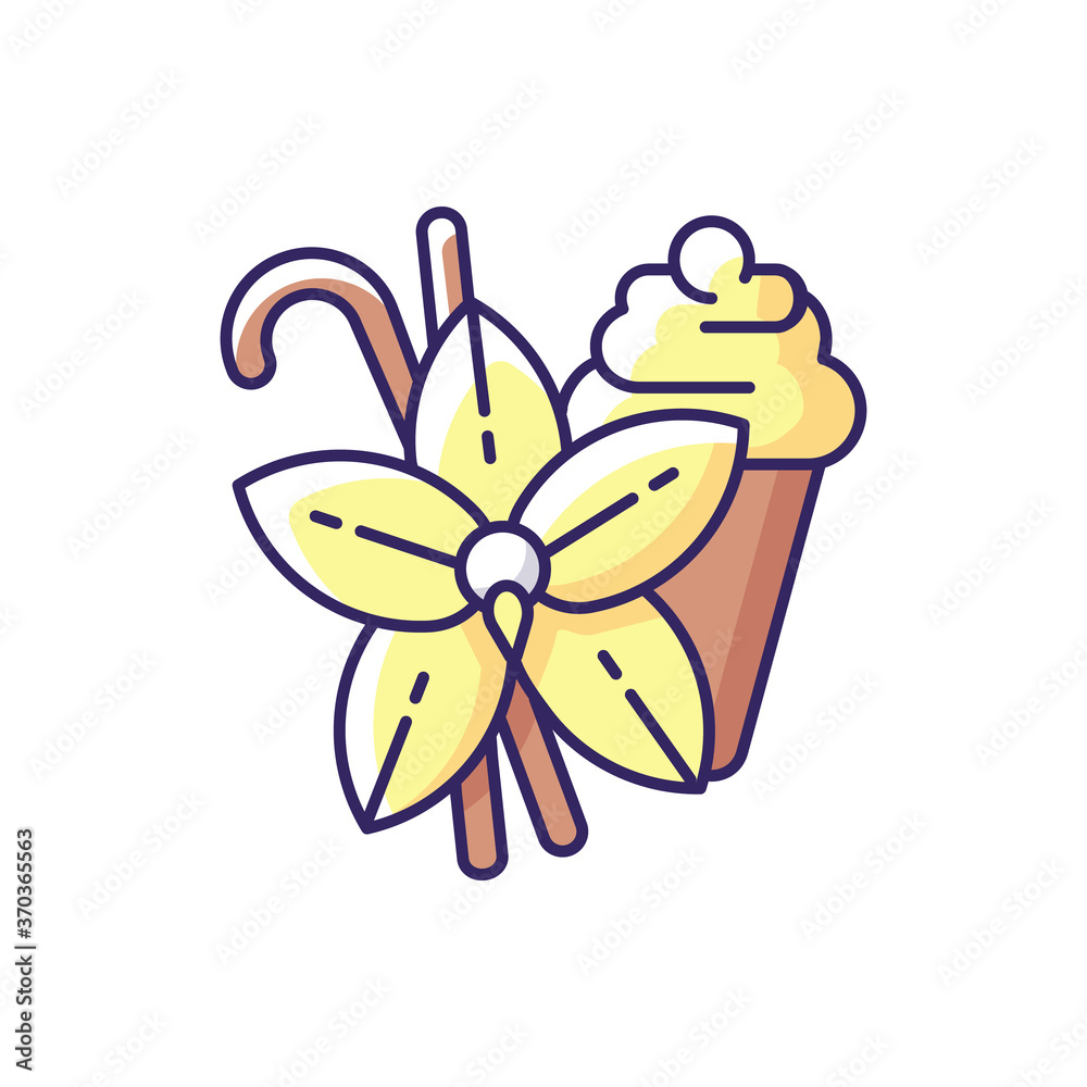 Vanilla RGB color icon. Vanilla flower and sticks. Aromatic flavor. Pastries and confectionery flavoring. Aromatherapy. Traditional indian spices. Isolated vector illustrations Vanilla RGB color icon. Vanilla flower and sticks. Aromatic flavor. Pastries and confectionery flavoring. Aromatherapy. Traditional indian spices. Isolated vector illustrations