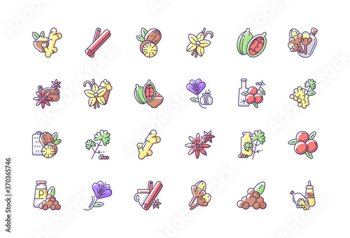 Asian spices RGB color icons set. Culinary herbs. Cooking ingredients. Natural supplements. Cloves and star anise. Cardamom. Traditional indian spices. Isolated vector illustrations