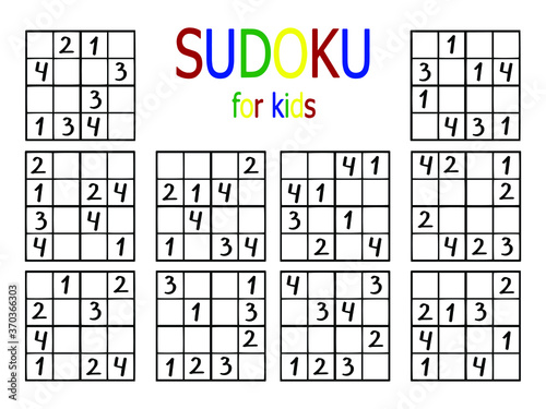 Sudoku for kids vector set. Ten simple sudoku puzzles four by four for children. Logical number japanese game printable horizontal worksheet. Educational math riddle easy level for beginners.