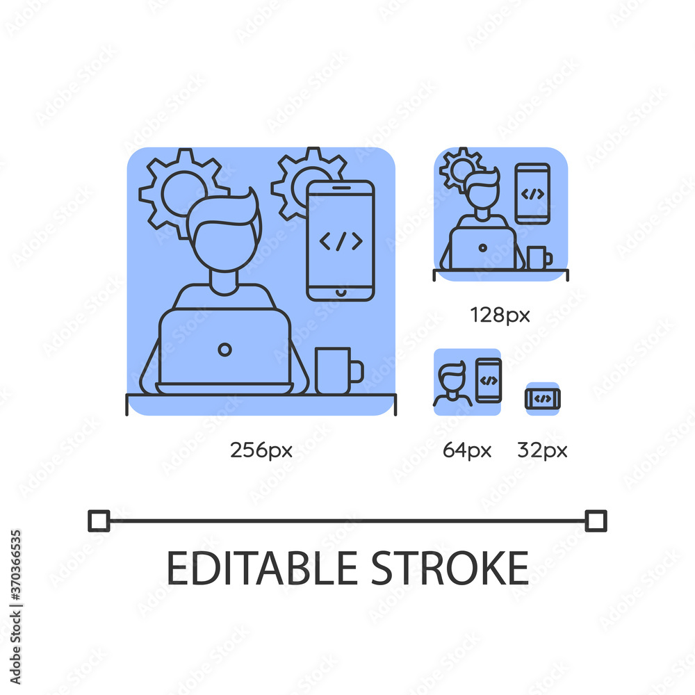 Mobile app developer blue linear icons set. App development, coding, programming, UI design. Thin line customizable 256, 128, 64 and 32 px vector illustrations. Contour symbols. Editable stroke Mobile app developer blue linear icons set. App development, coding, programming, UI design. Thin line customizable 256, 128, 64 and 32 px vector illustrations. Contour symbols. Editable stroke