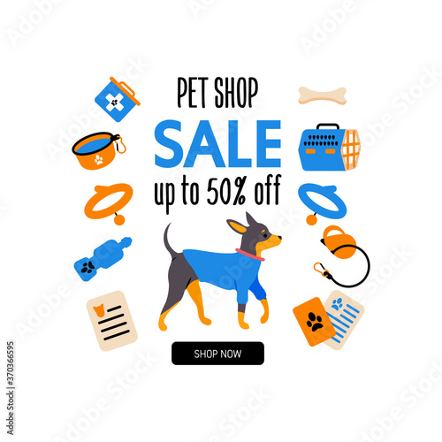 Cartoon style icon of terrier dog and accessories. Design template card or promotion banner for traveling. Text 