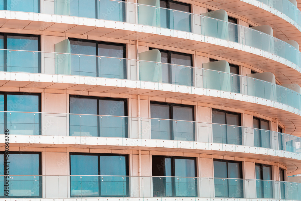 Facade of a new building with large observation windows Facade of a new building with large observation windows