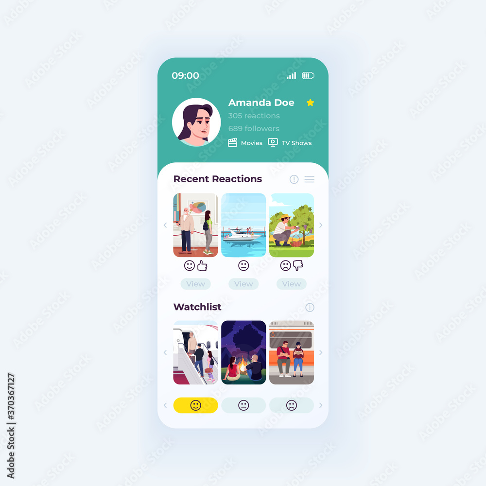 Naklejka premium Movie advisor app smartphone interface vector template. Mobile app page day mode design layout. Recent reactions function on screen. Flat UI for application. Film recommendation engine phone display