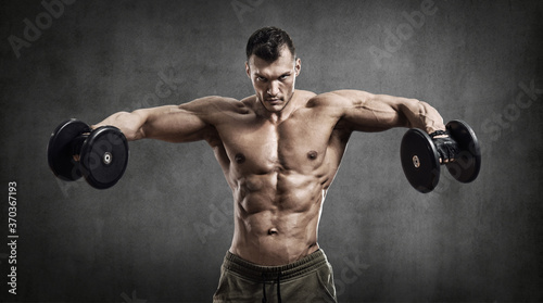 man - bodybuilder, execute exercise with weight dumbbells