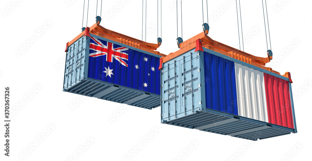 Freight containers with Australia and France flag. 3D Rendering Freight containers with Australia and France flag. 3D Rendering