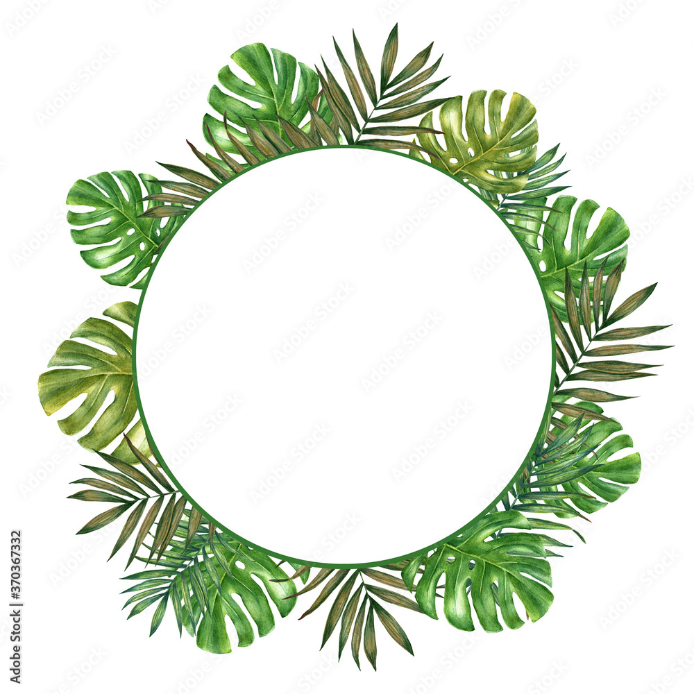 Watercolor tropical leaves frame. Colorful watercolor frame border with colorful tropical leaves.