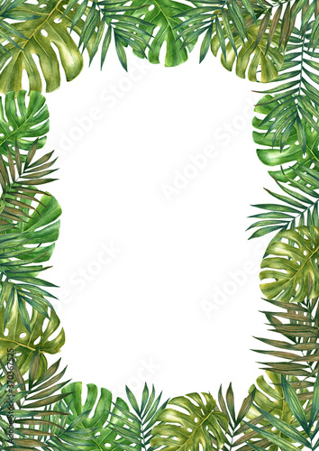 Watercolor tropical leaves frame. Colorful watercolor frame border with colorful tropical leaves.