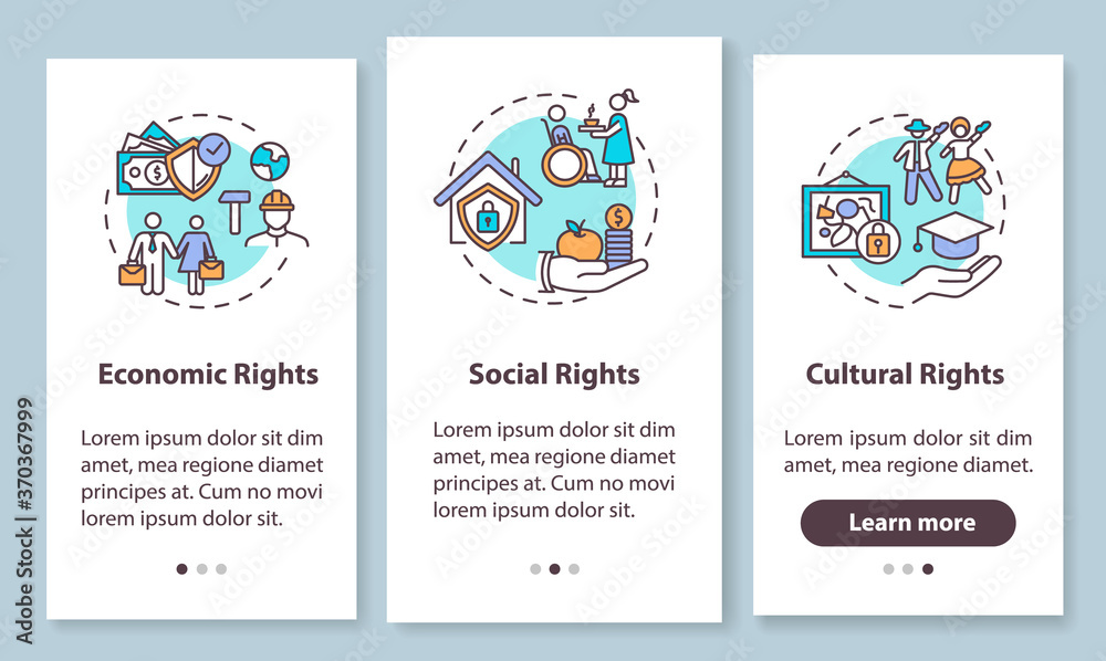 Human rights groups onboarding mobile app page screen with concepts. Economic, social and cultural rights. Walkthrough 3 steps graphic instructions. UI vector template with RGB color illustrations