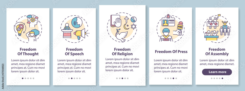 Basic human freedoms onboarding mobile app page screen with concepts. Fundamental human rights. Walkthrough 5 steps graphic instructions. UI vector template with RGB color illustrations