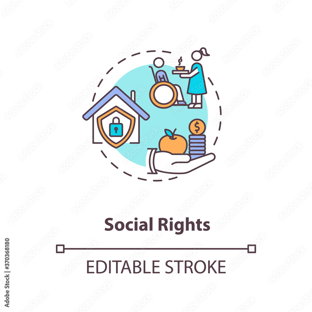 Social rights concept icon. Socio economic rights idea thin line illustration. Basic human needs. Right to housing and education. Vector isolated outline RGB color drawing. Editable stroke