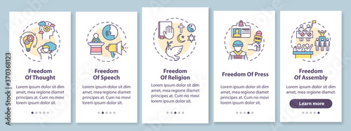 Basic human freedoms onboarding mobile app page screen with concepts. Fundamental human rights. Walkthrough 5 steps graphic instructions. UI vector template with RGB color illustrations