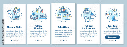 Political rights onboarding mobile app page screen with concepts. Rule of Law. Freedom of expression. Walkthrough 5 steps graphic instructions. UI vector template with RGB color illustrations © bsd studio