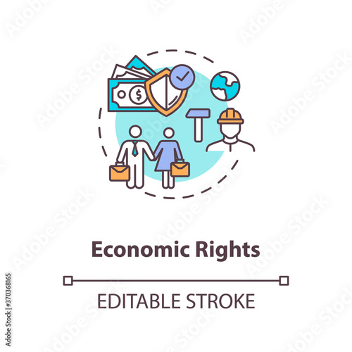 Economic rights concept icon. Socio economic principles idea thin line illustration. International human rights. Workplace equality. Vector isolated outline RGB color drawing. Editable stroke