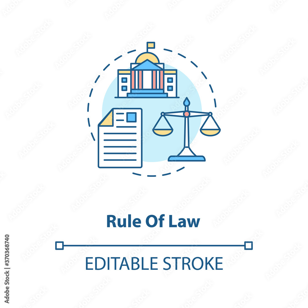 Rule of law concept icon. Principle of law idea thin line illustration. Constitutionalism. Political rights. Judicial process. Vector isolated outline RGB color drawing. Editable stroke