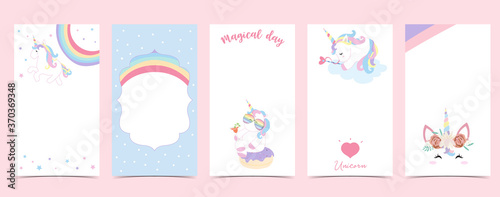 Cute background for social media.Set of instagram story with unicorn,star,rainbow,heart