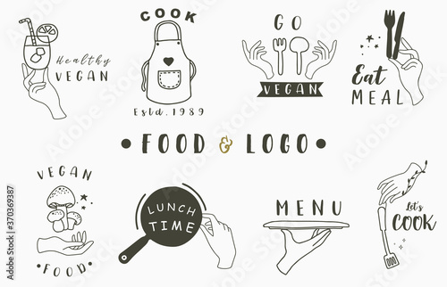cook and kitchen logo collection with apron,pan,mushroom,pot,fork,knife.Vector illustration for icon,logo,sticker,printable and tattoo