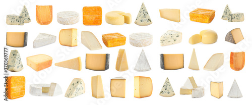 Set with different sorts of cheese on white background. Banner design