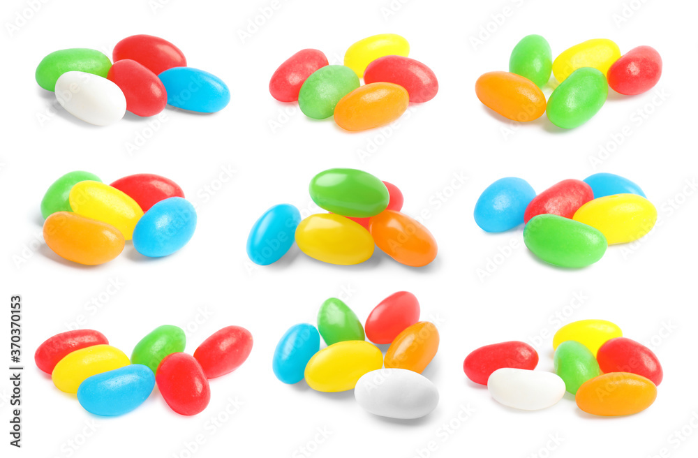 Set with delicious color jelly beans on white background Set with delicious color jelly beans on white background