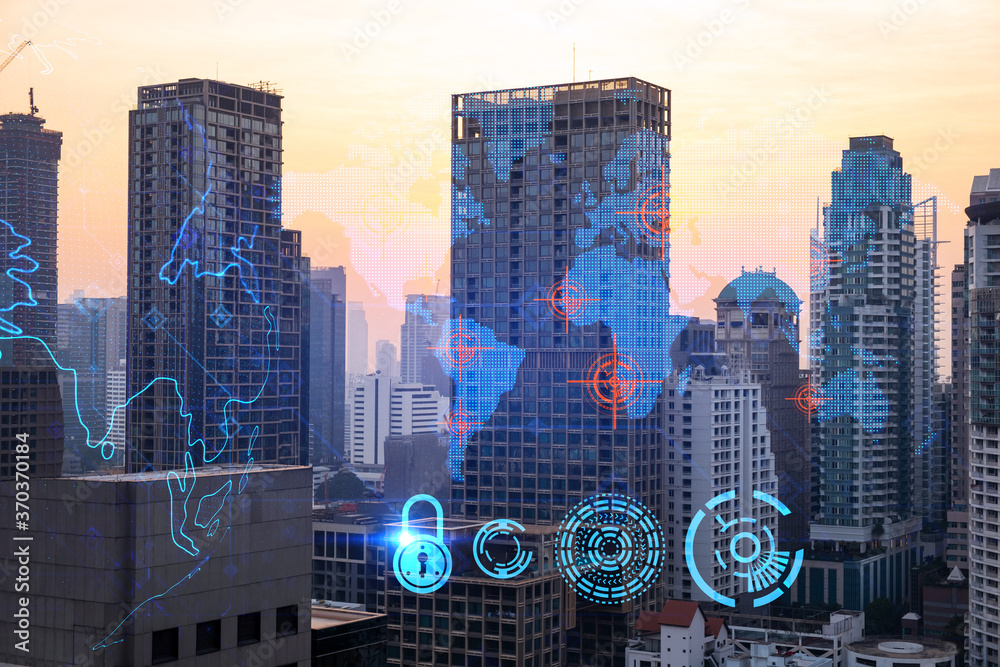 Obraz premium Glowing hologram of Earth planet map on aerial panoramic cityscape of Bangkok at sunset, Asia. The concept of international business. Multi Exposure.